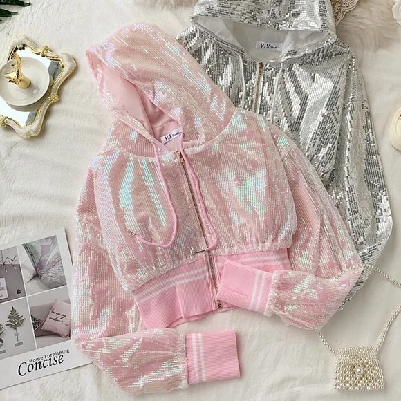 Sequin hoodie bomber jacket shiny sparkle pink black white stripe sporty… - Picture 2 of 8